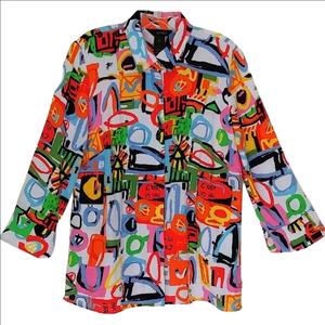 Ali Miles Blouse C'est La Vie Abstract Size Small Button Down 3/4 Sleeve Shirt